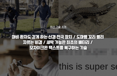최신 기술 소개(하반신 마비 환자도 걷게 하는 신경 전극 장치, 도마뱀 꼬리 빨리 자르는 비결, 세탁 가능한 최초의 배터리, 모자이크한 텍스트를 복구하는 기술)