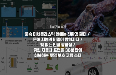 최신 기술 소개(물속 미세플라스틱 없애는 친환경 필터, 문어 지능의 비밀이 밝혀지다, 빛 없는 인공 광합성, 긁힌 자동차 표면을 30분 만에회복하는 투명 보호 코팅 소재)